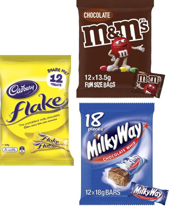 Mars - M&M , Milky Way  ,  Cadbury Flake  snack pack 12  (pack of 3)  Made in Aust  sku8203