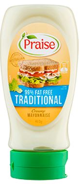 Praise -  99% Fat Free Mayonnaise 410g  (squeezable)  -gluten-free, no artificial colours. Suitable for vegans. sku8019