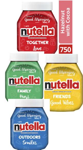 Nutella Hazelnut Spread 750g - Together Love /Family Hugs /Outdoors and smiles/ Friends Good Vibes  sku 8014